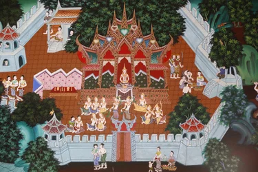 Fresco en Wat Ampharam, Hua Hin, Tailandia. Temiya Jataka, también llamado Muga-Pakkha Jataka, una de las vidas anteriores del Buda.