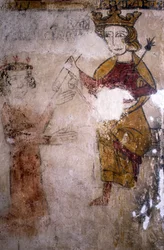 Fresco de la Torre Ferrande en Pernes-les-Fontaines (Pernes les Fontaines, Vaucluse (84)) del siglo XIII: Carlos I de Anjou (1227-1285) a quien se le trae el cuerpo de Manfredo I de Sicilia o Hohenstaufen (ca. 1232-1266).