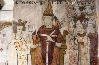 Fresco de la Torre Ferrande en Pernes-les-Fontaines (Pernes les Fontaines, Vaucluse (84)) del siglo XIII: Carlos I de Anjou (1226-1285) fue investido en el Reino de Sicilia el 28/06/1265 por el Papa Clemente IV (v. 1195-1268).