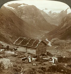 Desde la posada de montaña en Vidde saeter hacia el valle de Vidde - Mt. Skaala en la distancia derecha, c1905
