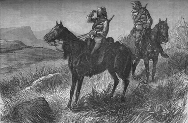 Frontier Light Horse, en deber de vedette, descubriendo zulúes cerca del campamento de Woods, en la colina de Kambula