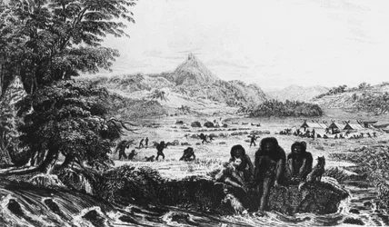Fueguinos en Woollya, con el campamento de la expedición Fitzroy al fondo, 1831-1839