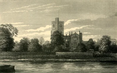 Iglesia de Fulham, desde el Támesis, c1878
