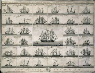 Grabado de los barcos de guerra y mercantes que navegaron en el Mediterráneo