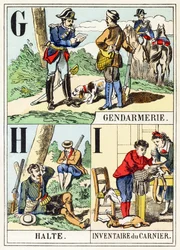 G H I: Gendarmería, Alto, Inventario del carnívoro - El Alfabeto de la Caza, c.1890 (grabado)