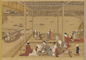 Alegría en una casa de té junto al río, período Edo, siglo XVIII