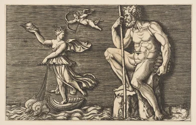 Galatea escapando de Polifemo, él está sentado en una roca sosteniendo un bastón y flautas, ca. 1515-1600