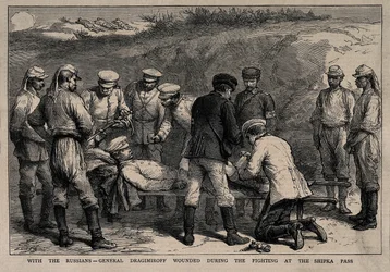 General Mikhail Dragomirov herido durante la batalla en el paso de Shipka, ca 1878