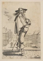 Caballero con una espada frente a algunos edificios, 1629