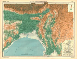 Mapa geográfico de la sección noreste de India, principios del siglo XX