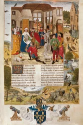 Emperador alemán Federico II de Hohenstaufen rodeado de cazadores de halcones, miniatura.