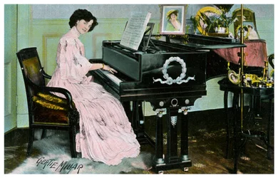 Gertie Millar, actriz y cantante británica, tocando el piano, c1890-1909