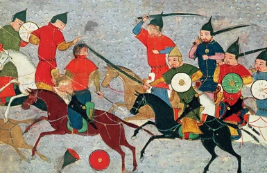 Genghis Khan en combate. Miniatura de Jami al-tawarikh Historia Universal, ca. 1430