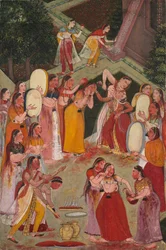 Chicas rociándose en Holi, c. 1640-1650