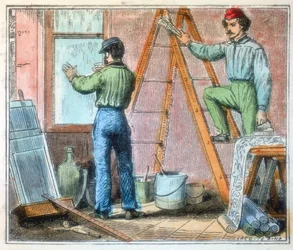 Vidriero y empapelador trabajando en una casa, 1867