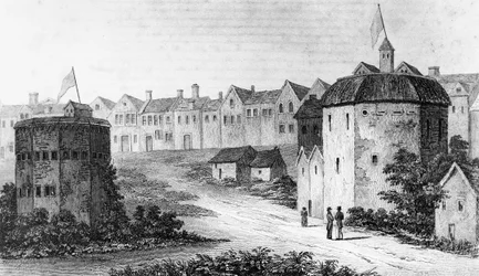 Teatro Globe, Bankside, Southwark a la derecha y el Bear Garden, c1597 1825