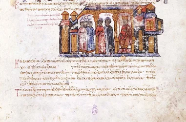 Gran Princesa Olga visitando a Constantino VII Miniatura del Skylitzes de Madrid, siglos XI-XII
