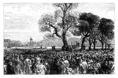 Gran manifestación en el Árbol de los Reformadores en Hyde Park, Londres, mediados del siglo XIX