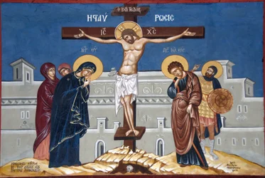 Cristianismo ortodoxo griego; pintura; Jesucristo en la cruz; monasterio Moni Ipsilou; isla de Lesbos; Mar Egeo; Grecia; Europa