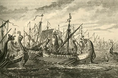 Trirremes griegos en la Batalla de Salamina, 1890