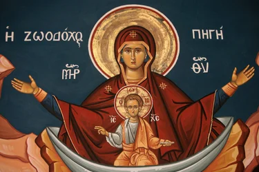 Icono ortodoxo griego que representa a María como fuente de vida, Tesalónica, Grecia