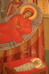 Icono ortodoxo griego que representa el nacimiento de María Tesalónica Grecia