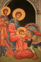 Icono ortodoxo griego que representa a San Néstor y San Dimitrios, Tesalónica, Grecia