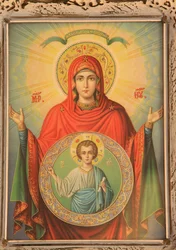 Icono ortodoxo griego que representa a la Virgen y Cristo, Tesalónica, Grecia