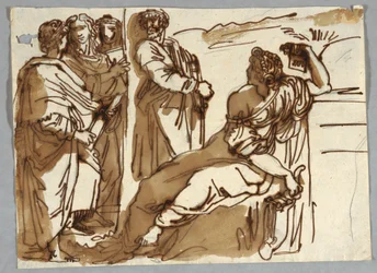 Grupo con Petrarca y Safo en el Parnaso después de Rafael Sanzio