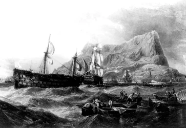 HMS Victory remolcado de regreso a Gibraltar, 1805, siglo XIX