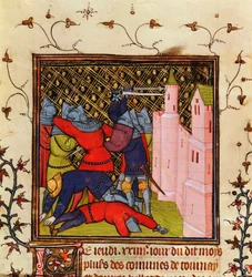 Lucha cuerpo a cuerpo con espadas en defensa de un castillo, siglo XIV