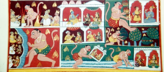 Hanuman, el demonio-mono, causando travesuras entre los hombres, c. 1730