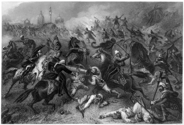 La columna de Havelock atacando a los amotinados antes de Cawnpore, 1857, c. 1860