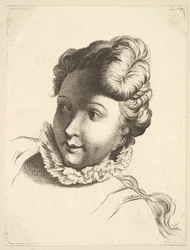 Cabeza de una mujer con gorguera, del Libro de cabezas grabadas según F. Boucher, siglo XVIII