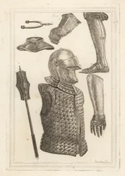 Casco y brigantina, greba de hierro o armadura de pierna, guantelete perteneciente a Juan de Gante, guantelete de hierro, gorjal, maza de hierro, espolón antiguo de hierro