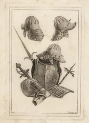 Casco de una armadura de la época del rey Carlos I, peto, tassets y pouldron 3, pertuisana antigua 4, espada con empuñadura de plata 5 y martillo de armas de la Torre de Londres 6