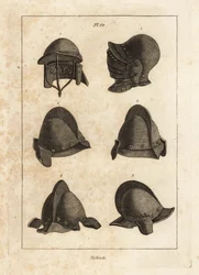 Casco con bever de apertura hacia abajo en la Torre de Londres 1, casco de doble barra 2, y salet con oreillets o piezas de oreja 3-6