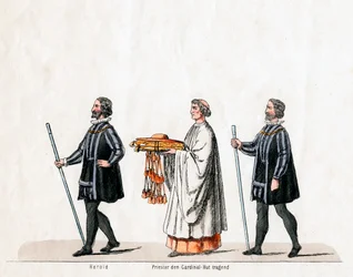 Heraldo y sacerdote, diseño de vestuario para la obra de Shakespeare, Enrique VIII, siglo XIX