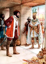 Hernán Cortés se reúne con el emperador azteca Montezuma, 1519