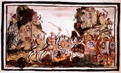 Hernando Cortés 1485-1547, conquistador español, atacando a los nativos en México
