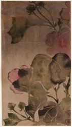 Flores y hojas de hibisco, período Edo, 1615-1868