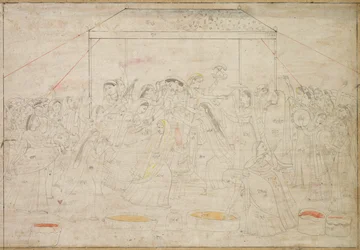 Dios hindú Krishna vestido con ropa de mujer para el festival de primavera Holi, c. 1790
