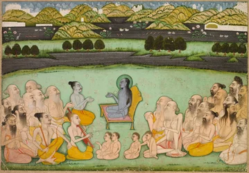 Dios hindú Krishna hablando con ancianos, c. 1800
