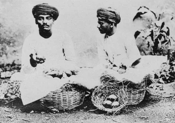 Vendedores de frutas hindúes, India, siglo XX