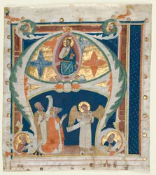 Inicial historiada A excisa de un gradual: Cristo en majestad con el Rey David..., c. 1300-1340