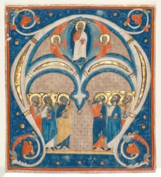 Inicial Historiada A Excisa de un Responsorial: Cristo en Majestad con Santos, c. 1280-1300