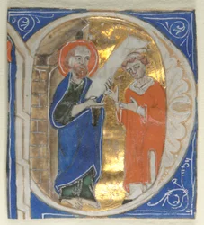 Inicial historiada extraída de una Biblia: San Pablo y un clérigo, 1200s