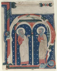 Inicial historiada H excisa de un antifonario: SS. Pablo el Ermitaño y Antonio, c. 1200-1230