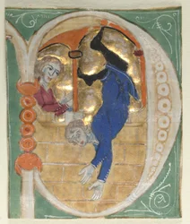 Inicial historiada P excisa de una Biblia, 1200s