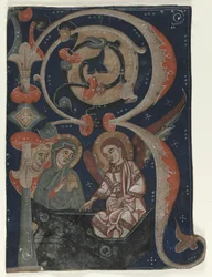 Inicial historiada R excisa de un gradual: Las Tres Marías en la tumba, c. 1200-1230